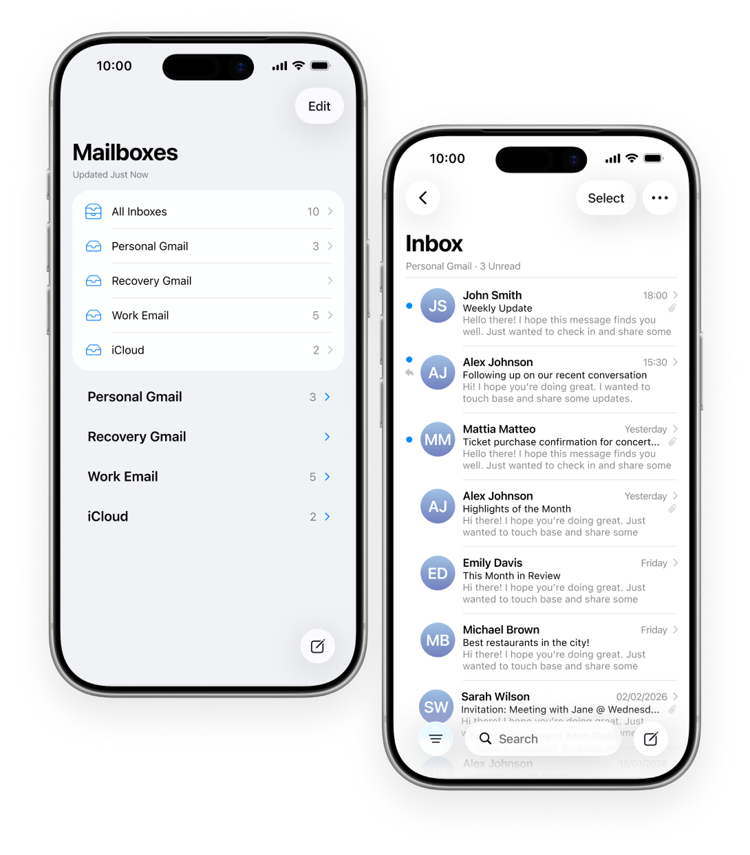 Apple Mail - Mailboxes screen and Single Inbox screen side by side