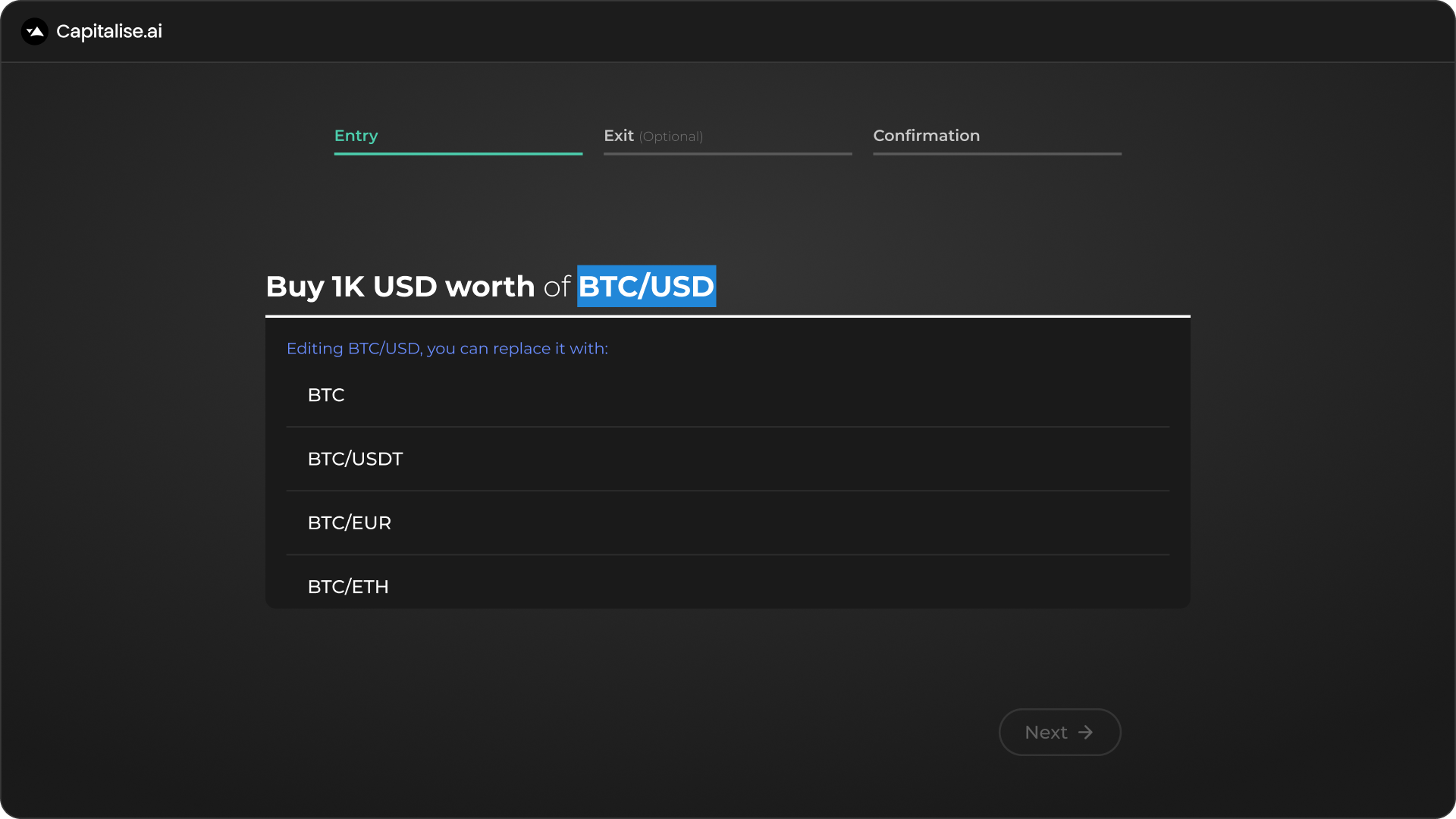 Improved edit mode — BTC/USD replacement suggestions panel