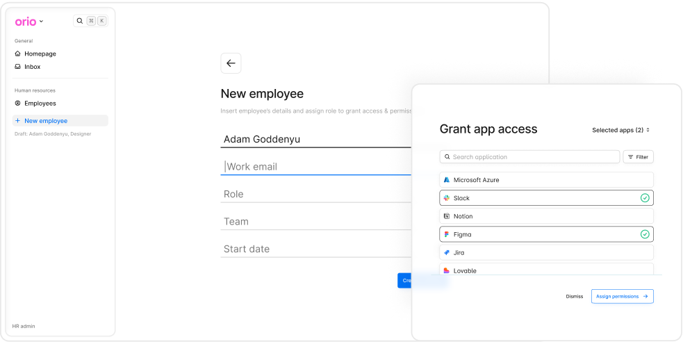 Orio — New employee form with Grant app access panel